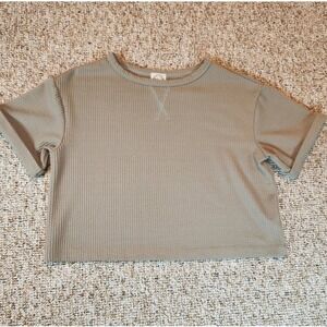 Blue Rain Waffle Knit Cropped Top Women's XS Tan Short Sleeve Comfort Classic